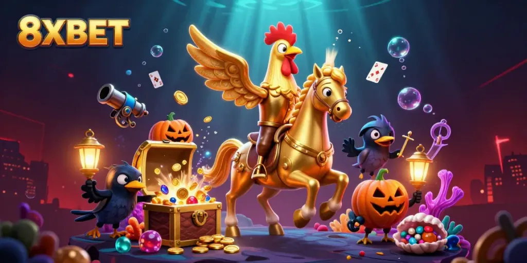 Experience thrilling 8XBET action with golden rooster characters in an electrifying casino scene.