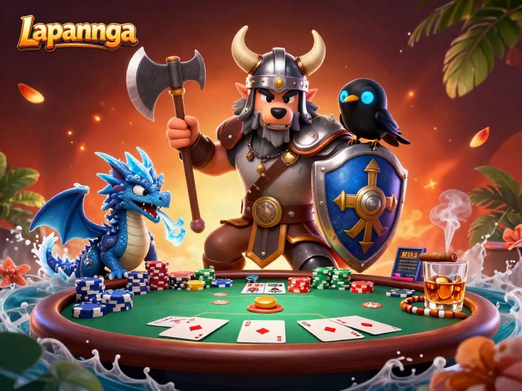Experience thrilling gameplay at Lapannaga casino with a vibrant Viking warrior, dragon, and poker table elements.