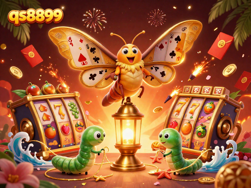 Experience the excitement of qs8899 with a vibrant casino illustration featuring a moth and gaming symbols.