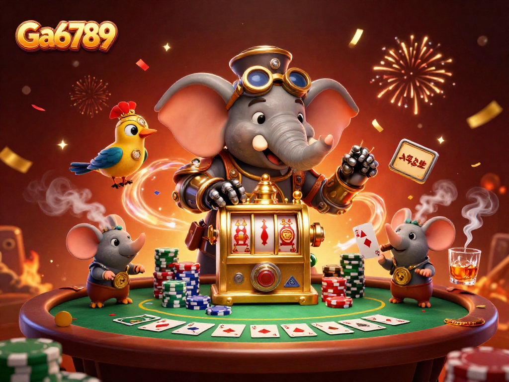 Experience gaming excitement at Ga6789 with a steampunk elephant operating a golden slot machine.