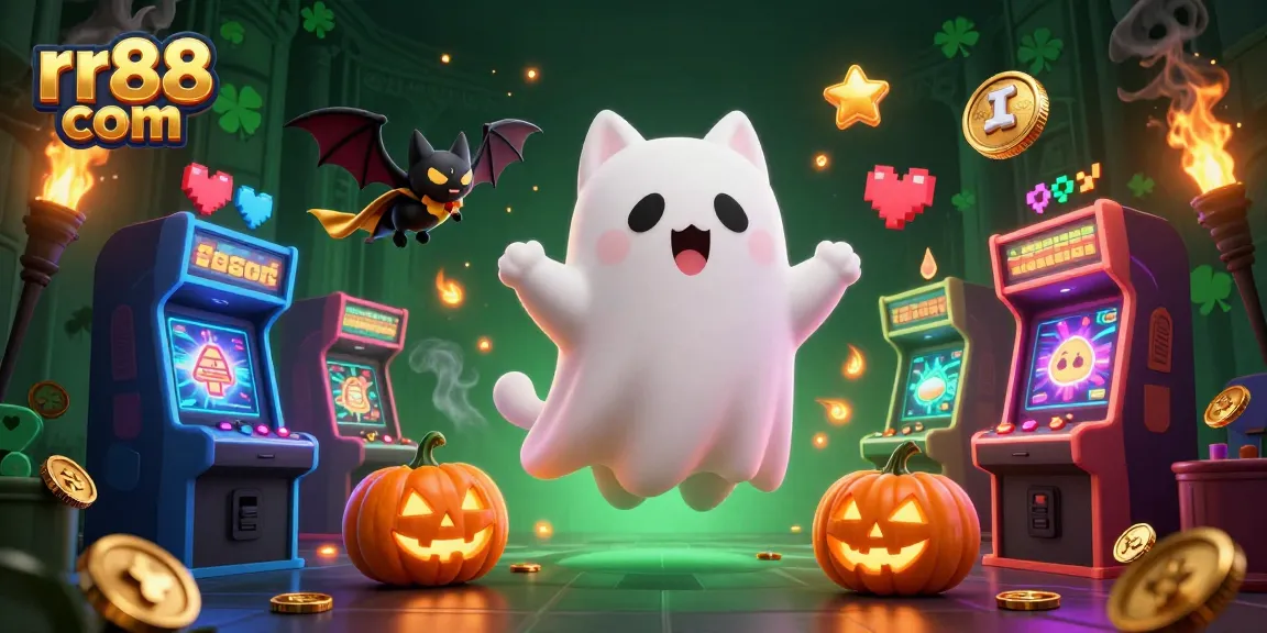 Win big at rr88 com with a lively ghost cat and vibrant gaming elements!