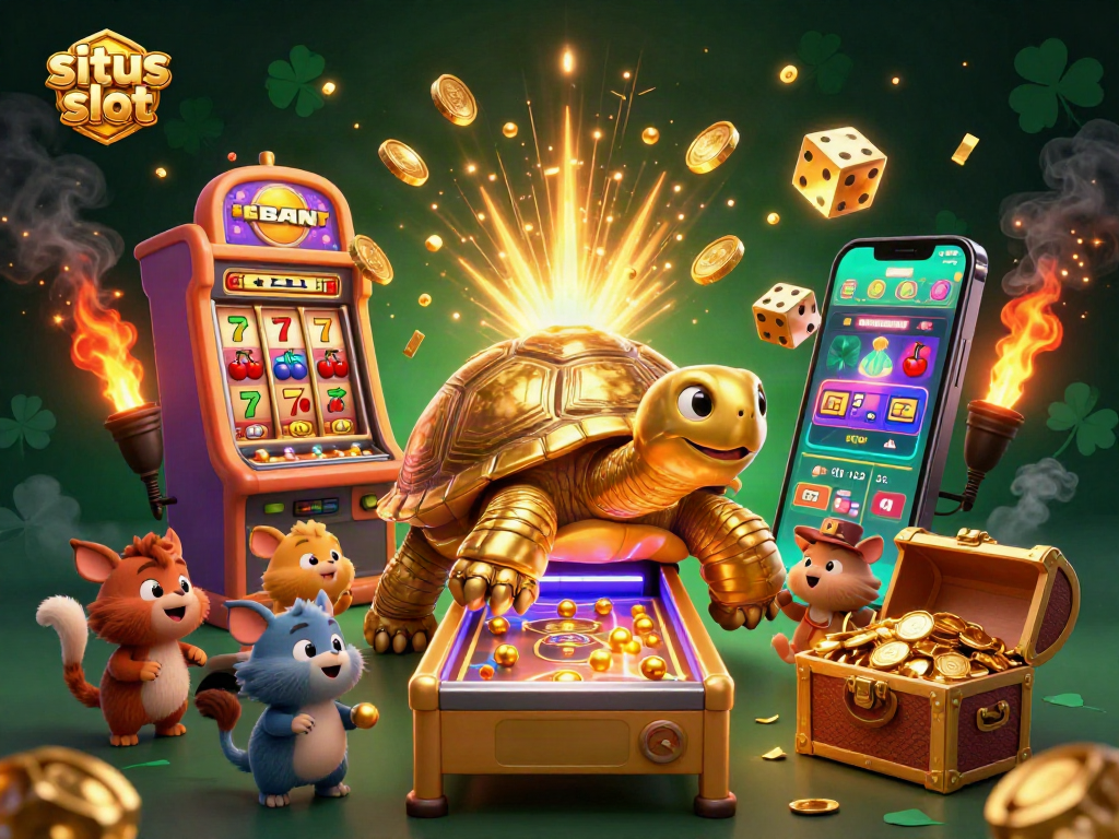 Situs slot animation with golden tortoise and overflowing jackpot for gamblers.