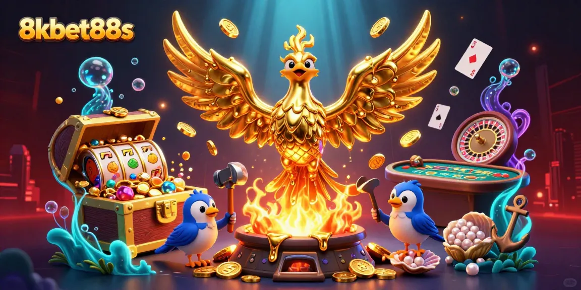 Experience the thrill of 8kbet88s gaming with a golden phoenix and rich casino elements.