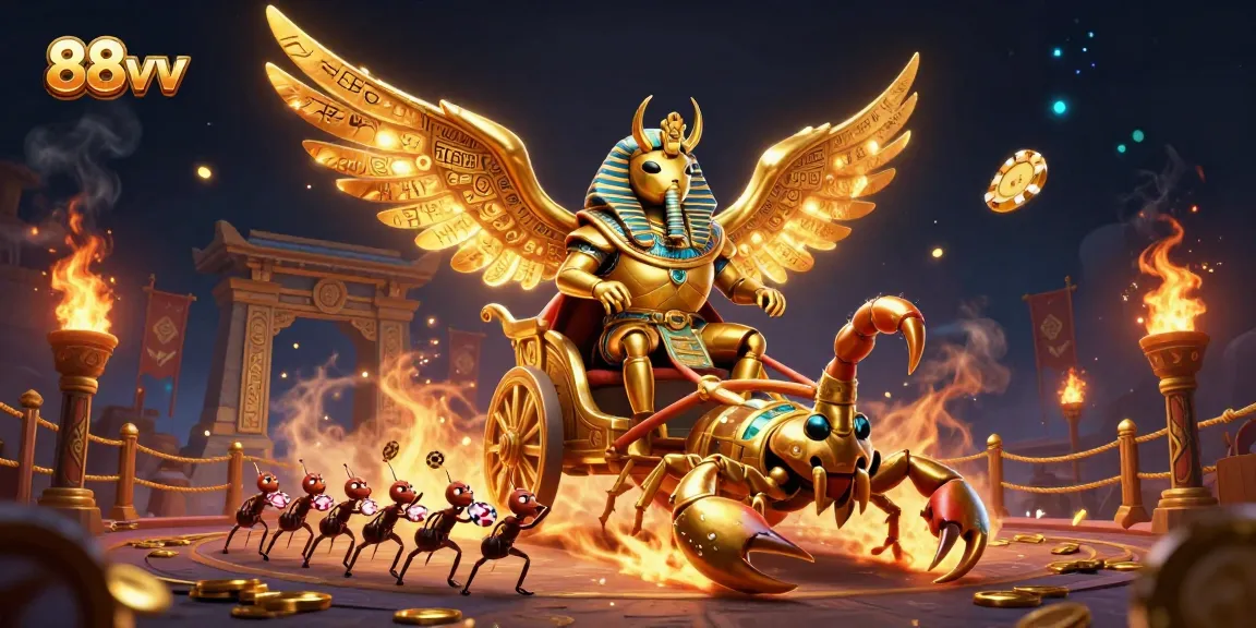 Experience thrilling gameplay at 88vv with a majestic scarab beetle chariot amidst vibrant casino elements.