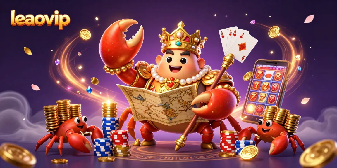 Play slots with the leaovip crab emperor amidst cascading golden coins and vibrant casino elements.