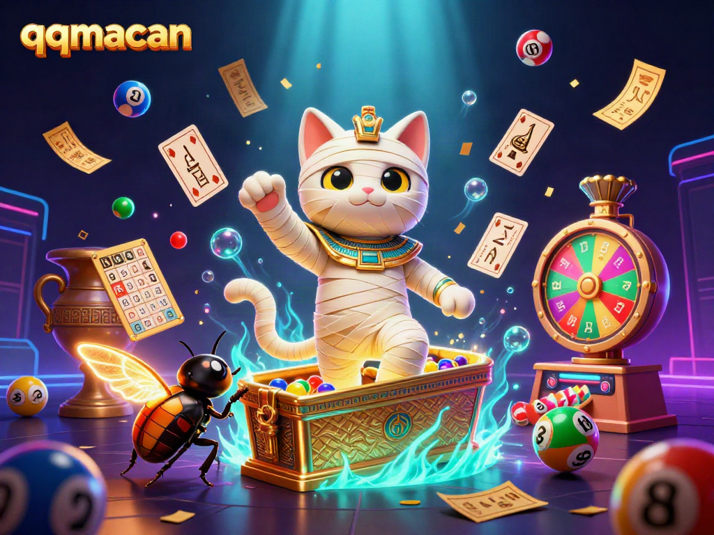 Experience winning big at qqmacan with an exciting 3D illustration of a pyramid casino bursting with energy.