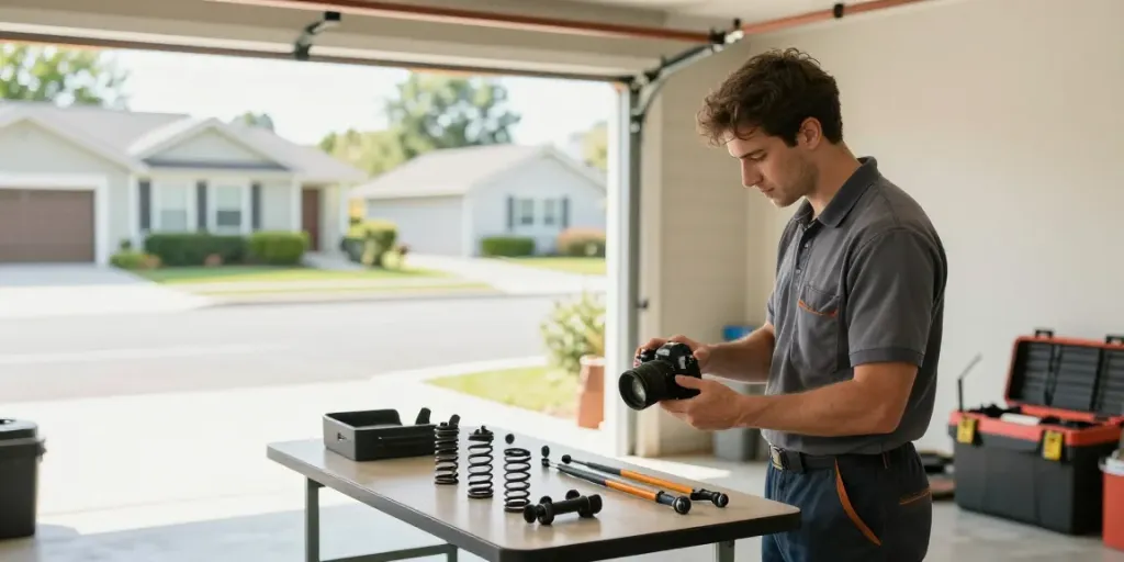 Expert garage door repair near me, technician inspecting door in organized garage.