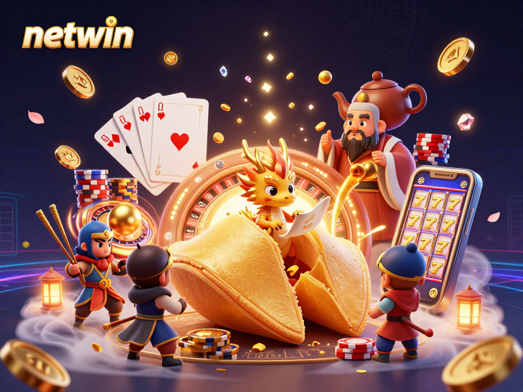 Experience winning strategies with netwin as golden coins and gems scatter in a vibrant casino scene.