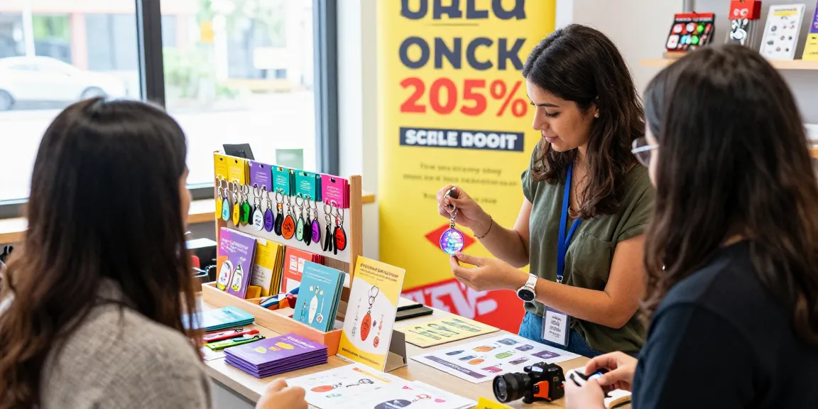 Engaging display of personalised keychains with a designer showcasing options in a lively e-commerce setting.