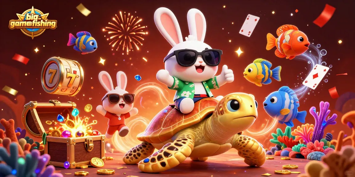 Join the big-gamefishing adventures with a lucky rabbit and golden turtle in a vibrant casino scene!