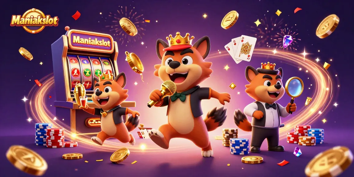 Experience the laughter at Maniakslot with hyenas in a comedic casino scene featuring vibrant games and celebrations.