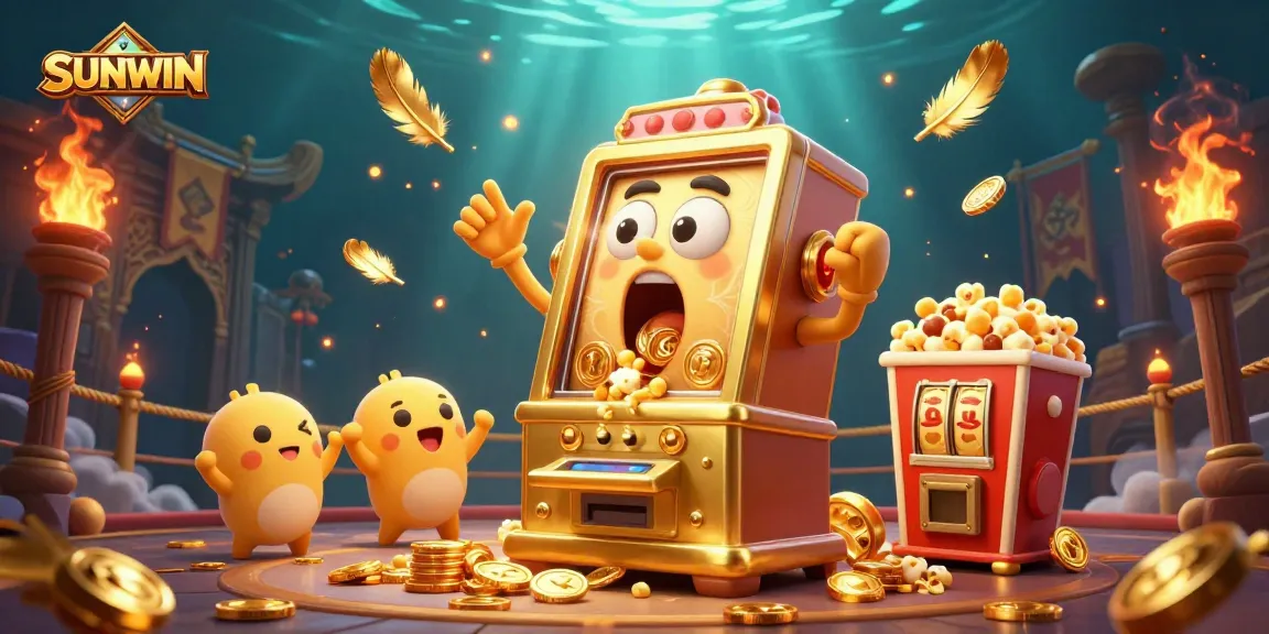SUNWIN features a golden slot machine shocked by its jackpot, surrounded by lively cheering and vibrant casino elements.