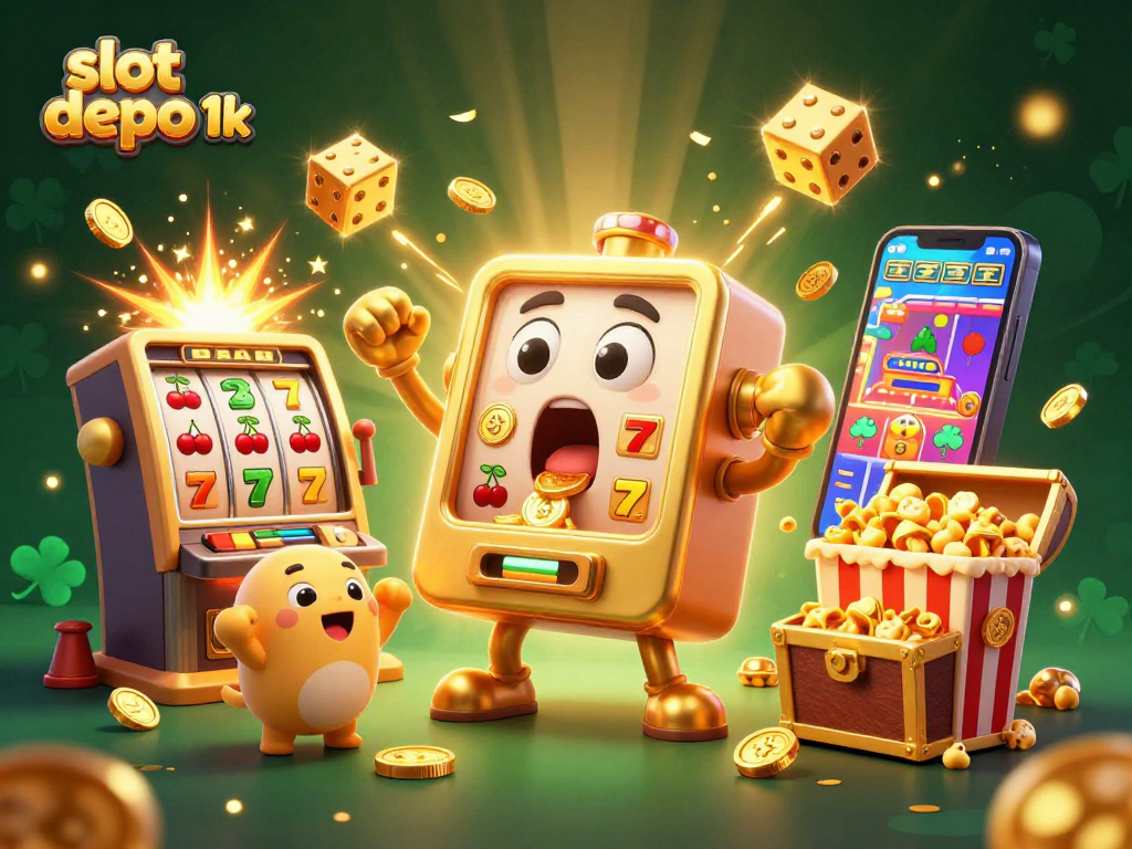 Experience excitement with slot depo 1k as you hit jackpots and watch coins fly in this vibrant illustration.