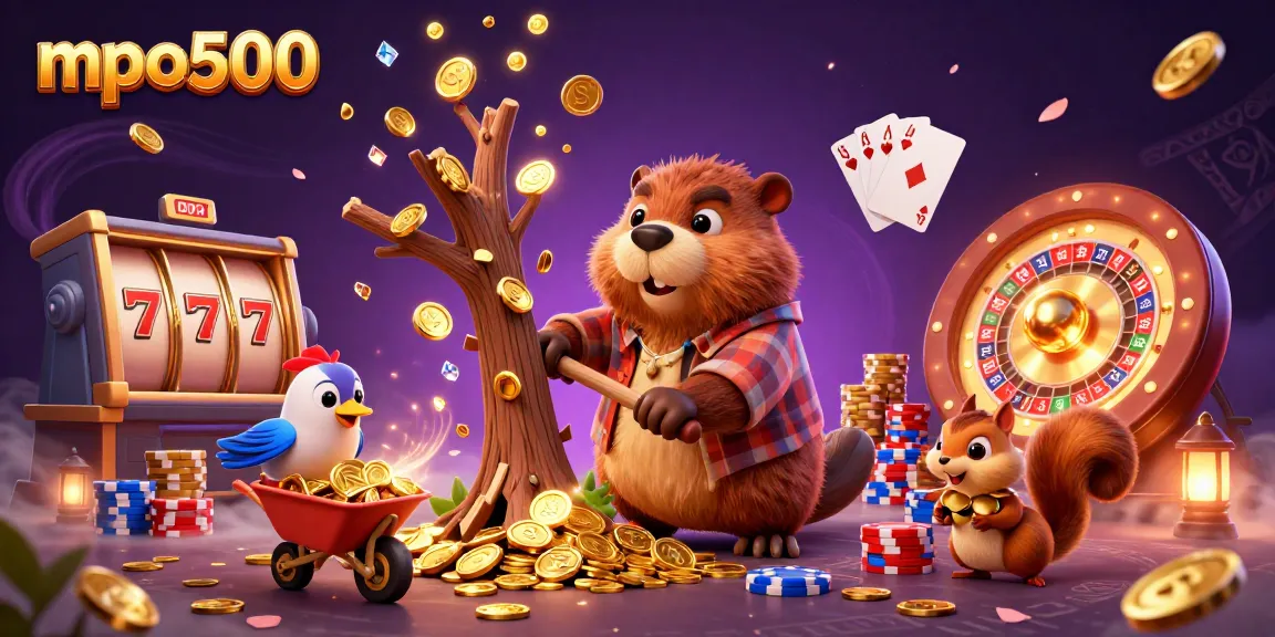 Experience winning at mpo500 with a lively scene of beaver, bird, and squirrel, symbols of gambling excitement.