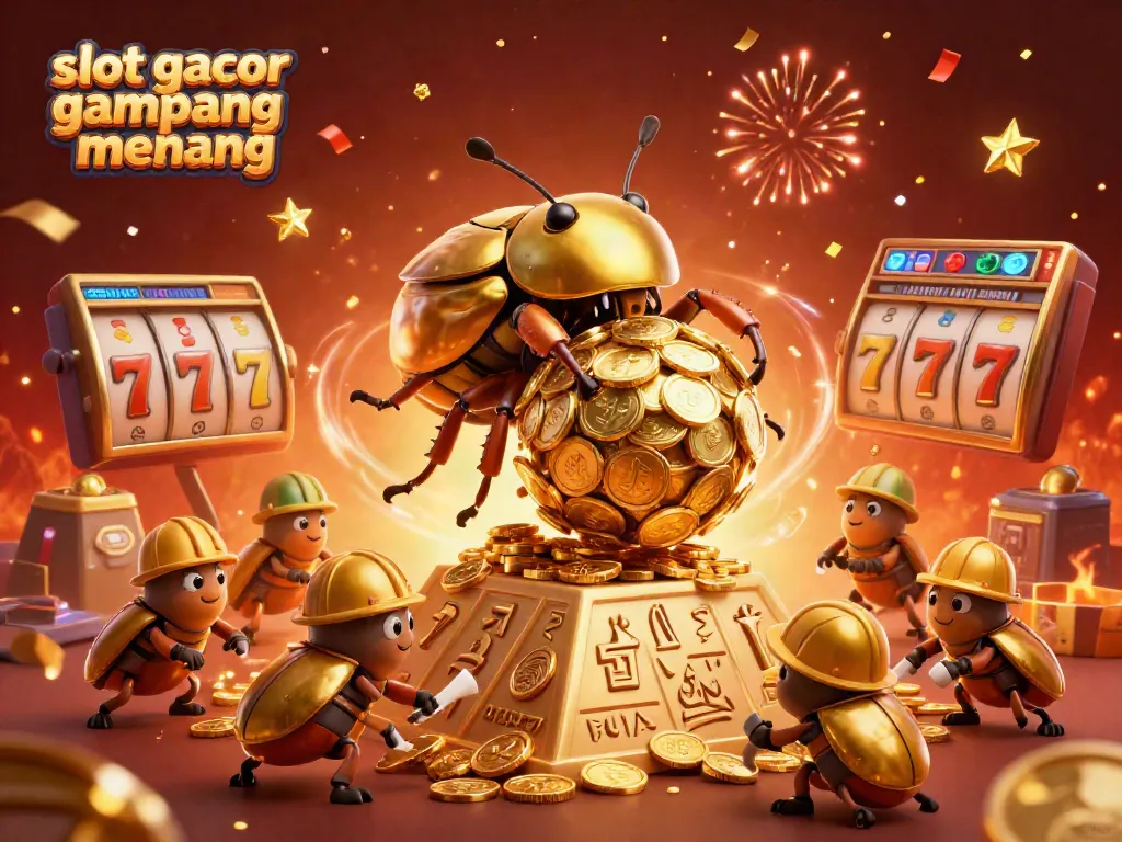 Engage with slot gacor gampang menang; a golden beetle conquering coins in a vibrant casino scene.