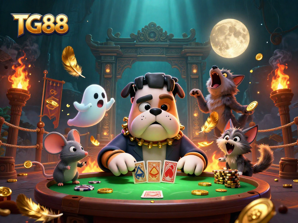 TG88 showcases a thrilling card game scene with a Frankenstein bulldog, enhancing gambling excitement.