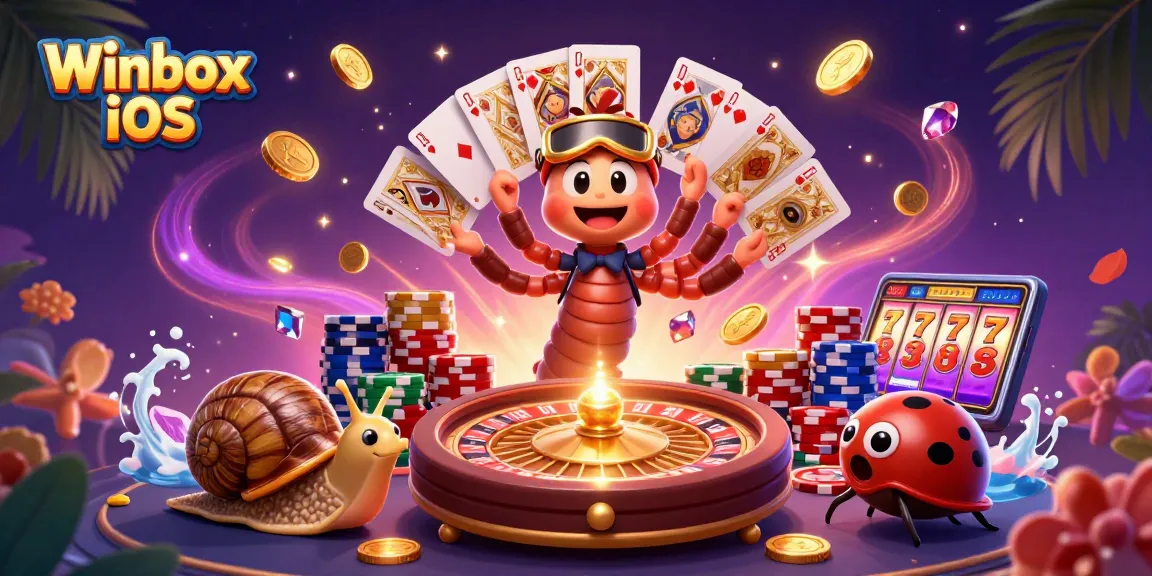 Experience the excitement of Winbox iOS with a vibrant 3D illustration featuring dynamic casino elements.