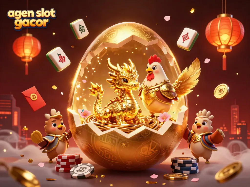 Engage with agen slot gacor visual featuring a golden baby dragon on poker chips in a festive casino setting.