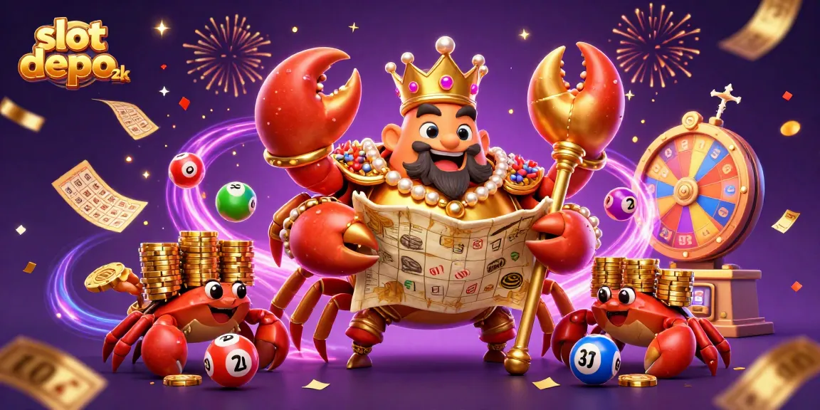 Slot depo 2k yang seru dengan kepiting emas dan bola lotere berwarna-warni.