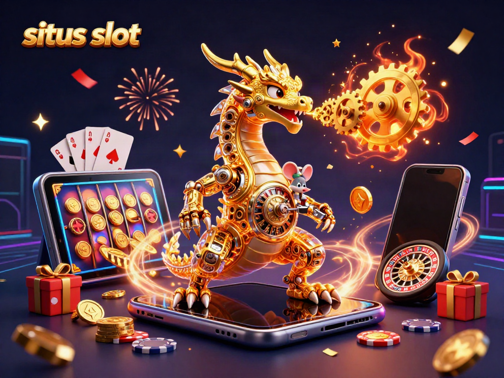Raih kemenangan dengan situs slot yang menampilkan naga emas 3D dan smartphone slot permainan yang berkilauan.
