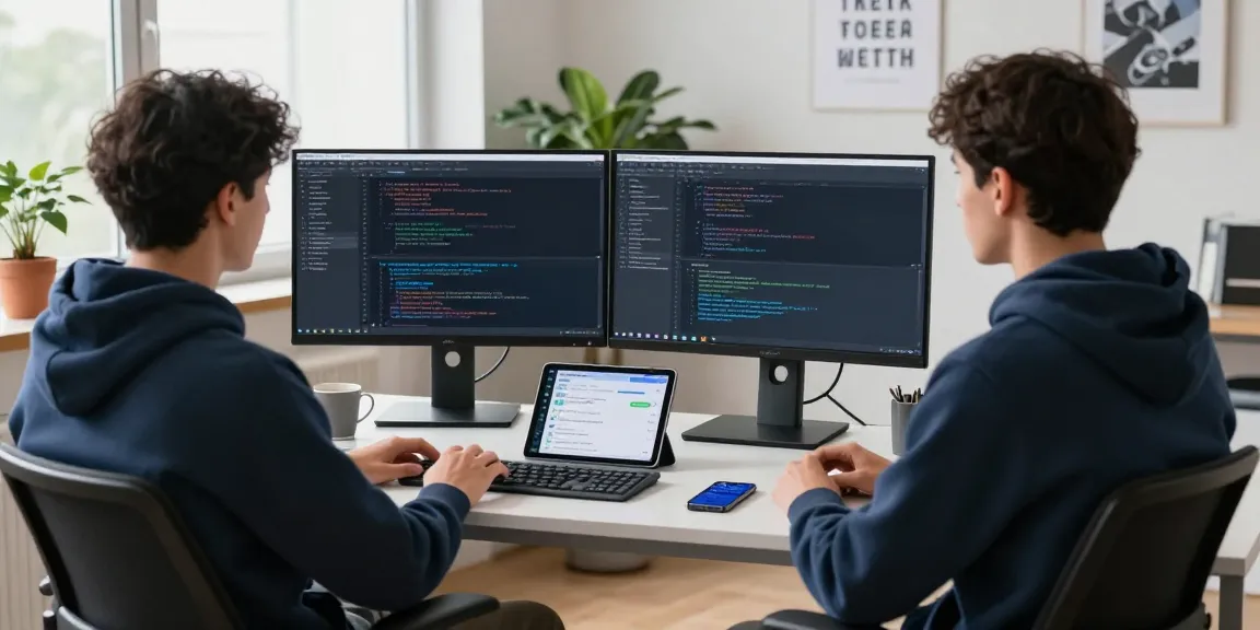 Software developer coding in a modern workspace with bdtjl technology, showcasing productivity and creativity.