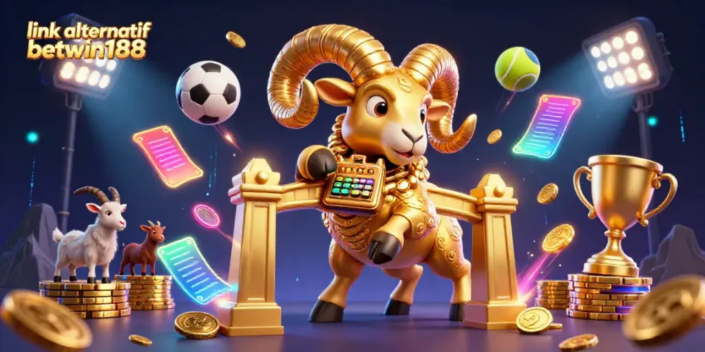 Menangkan taruhan dengan link alternatif betwin188, gambarkan ram emas dengan koin dan bola olahraga dalam suasana penuh energi.