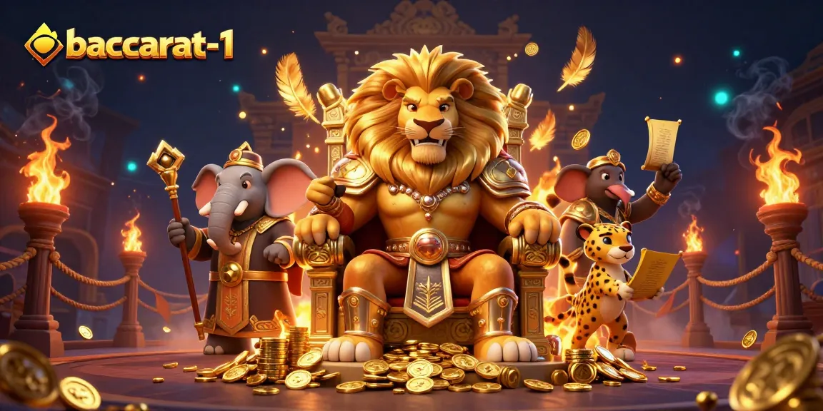 Baccarat-1 showcases a thrilling casino scene with a lion king, elephant advisor, and cheetah messenger amid gold coins and dynamic betting action.
