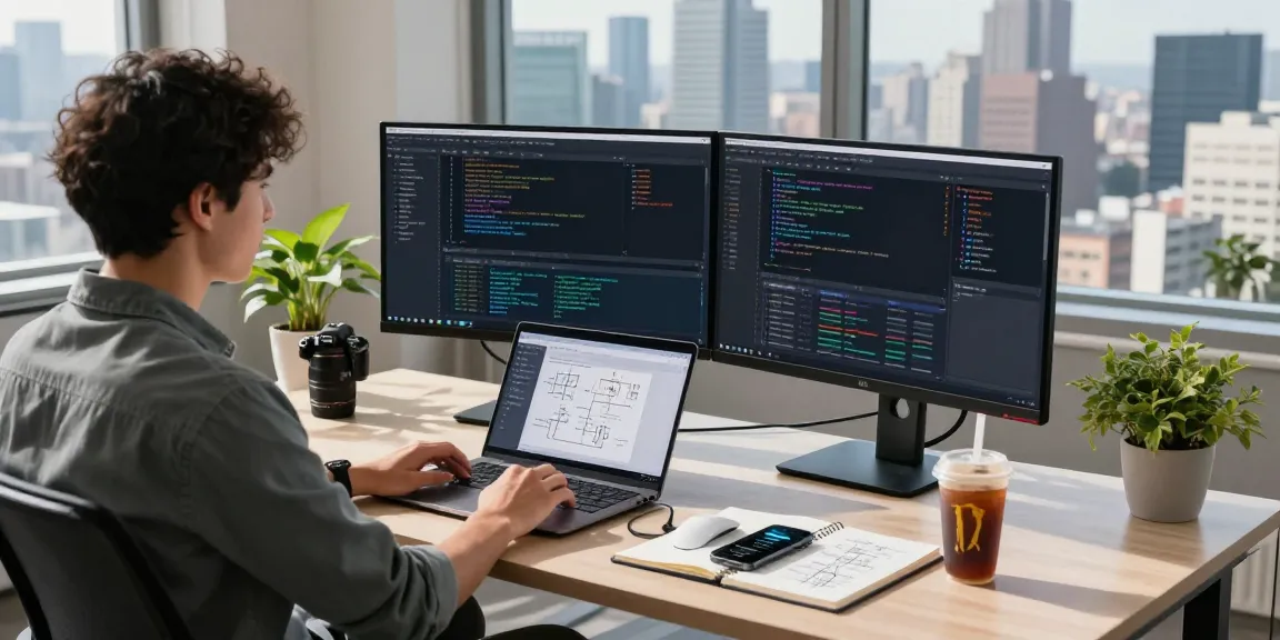 Build internal tools with AI in a modern development environment showcasing a developer's workspace.