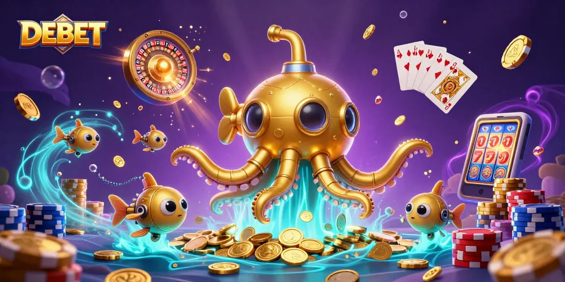 Engage with DEBET's thrilling gaming experience featuring a golden kraken submarine amidst golden coins.