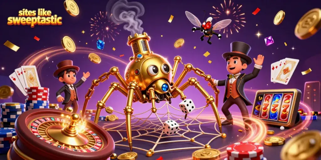 Experience thrilling wins at sites like sweeptastic with a dynamic 3D casino scene showcasing excitement.
