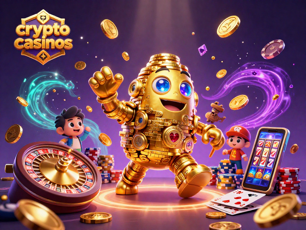Gagnez en jouant aux crypto casinos avec un golem en or jalonnant des pièces d'or et des éléments de roulette.
