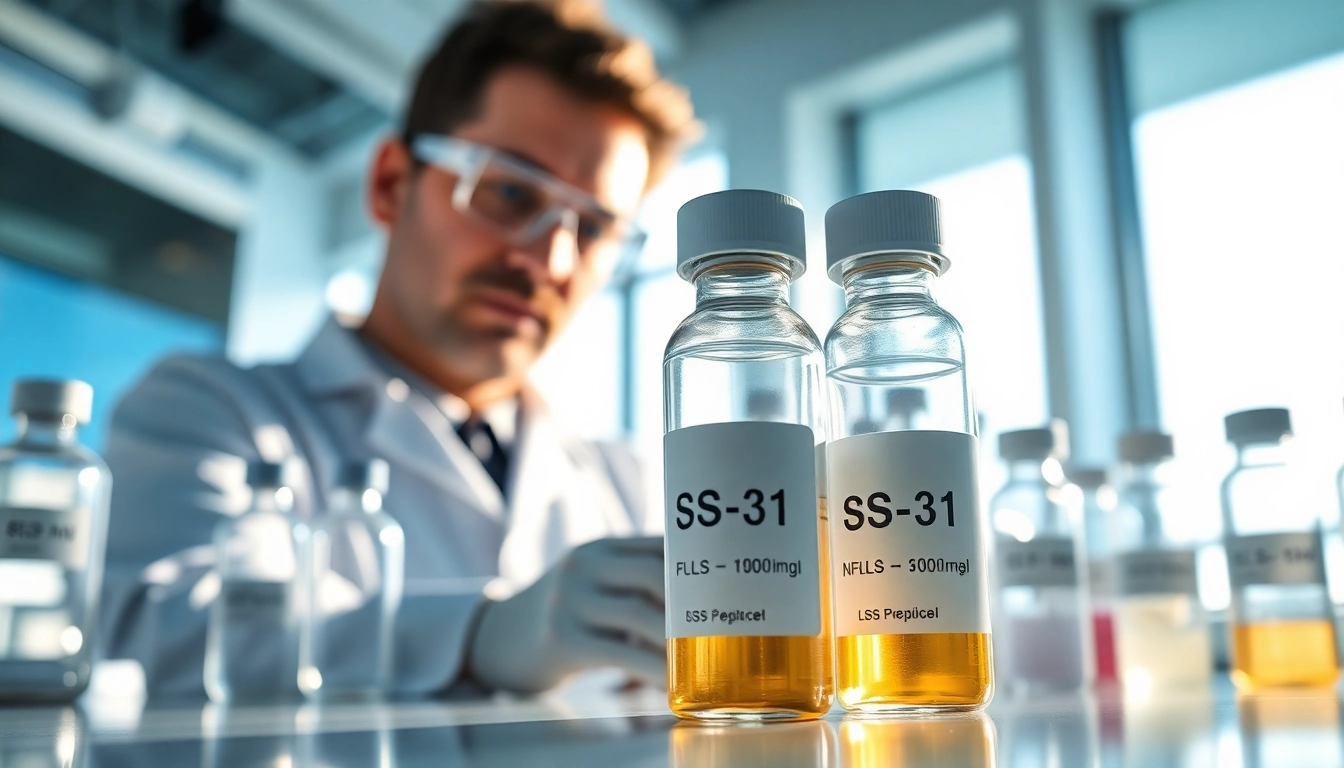 Buy SS-31 peptide with research vials in a professional lab setting.