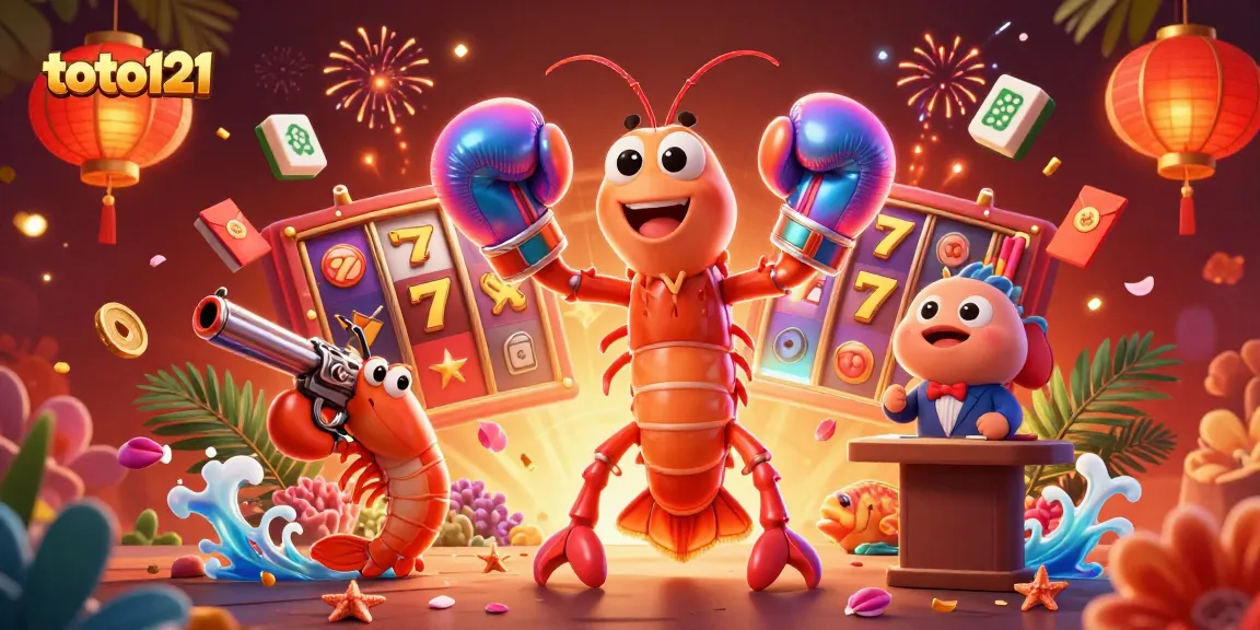 Experience the thrill at toto121 with vibrant slot reels and dynamic shrimp characters.