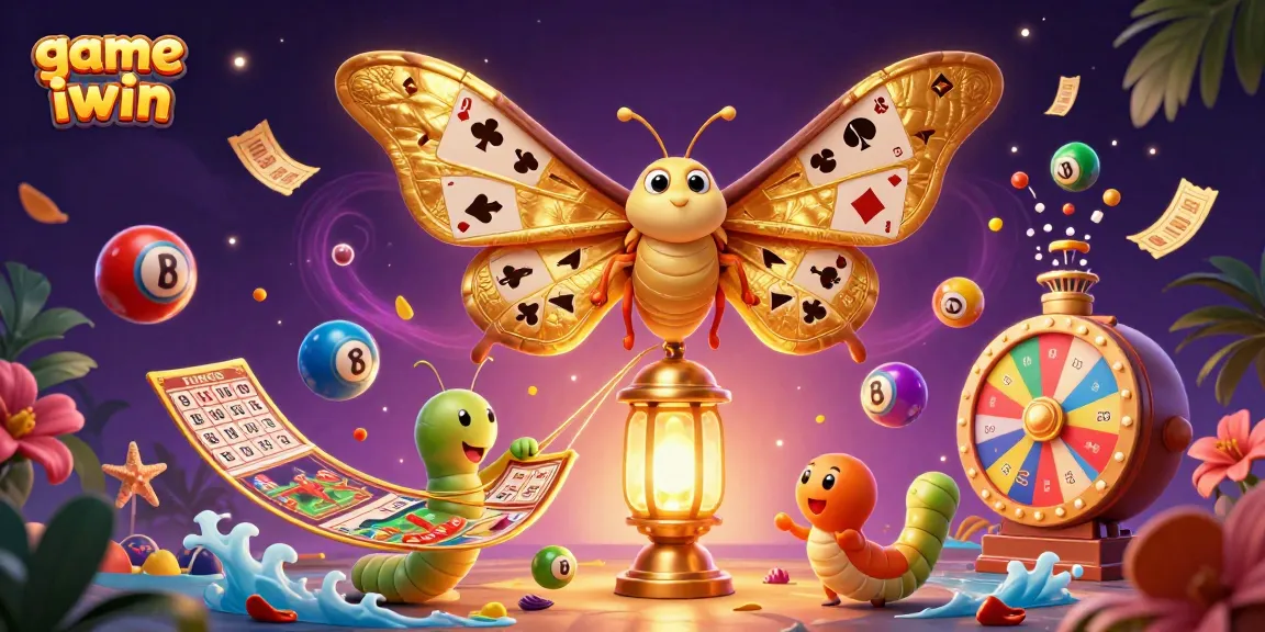 Experience thrilling moments with game iwin, featuring vibrant lottery balls, a golden bingo card, and a dynamic prize wheel.