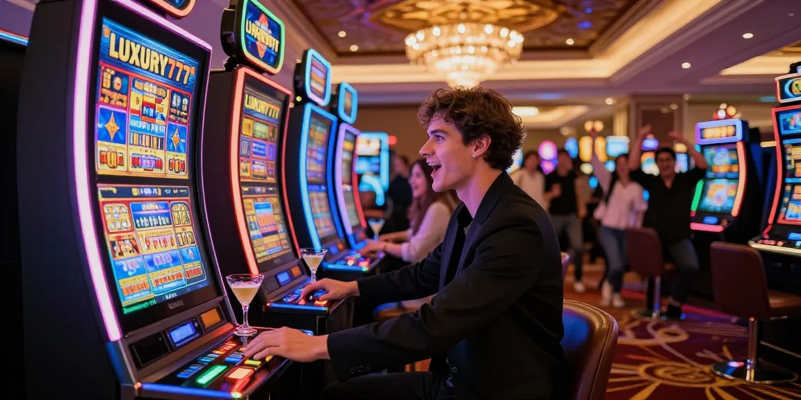 Aktivitas bermain slot LUXURY777 di kasino mewah dengan lampu neon dan suasana meriah.