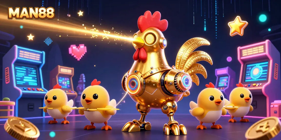 Engage with MAN88 in a vibrant 3D casino scene featuring a golden rooster robot and arcade game elements.