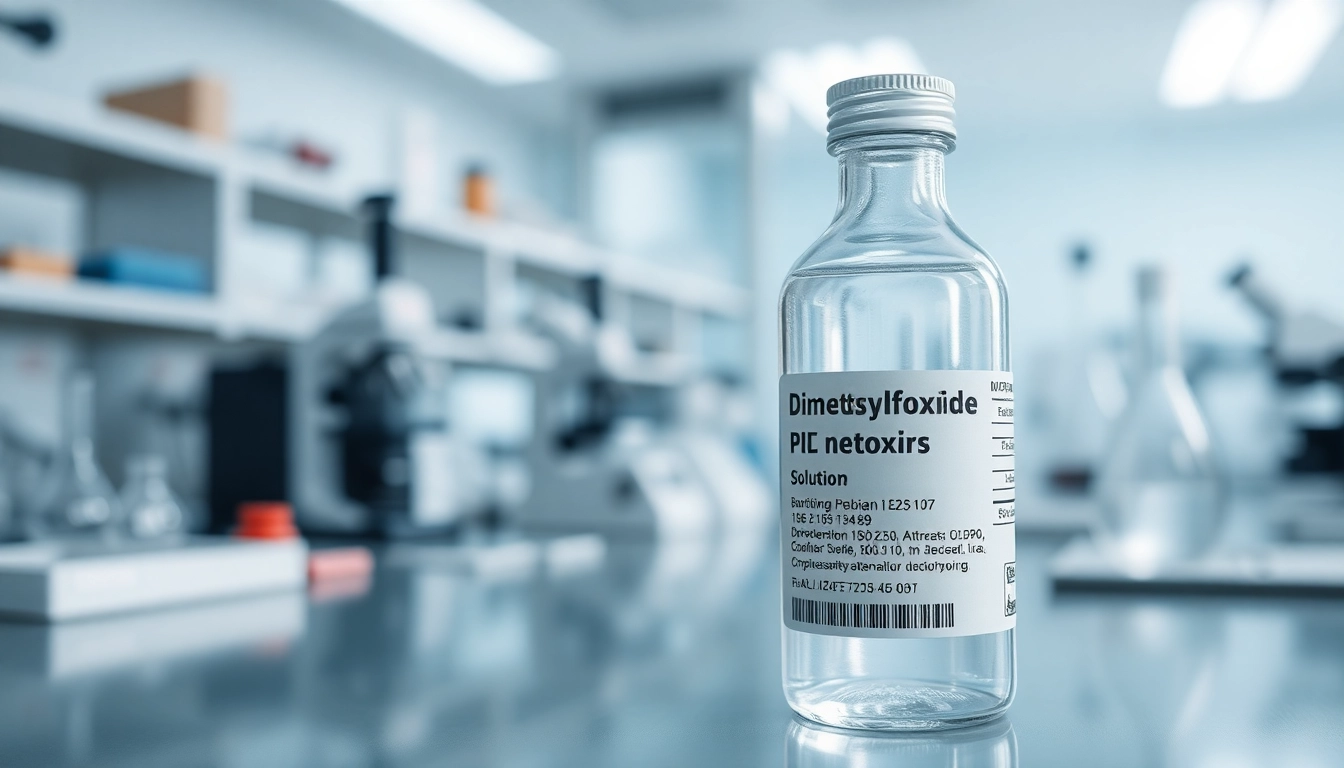 Analyze dimethylsulfoxide in a laboratory setting with clear vial and scientific tools.