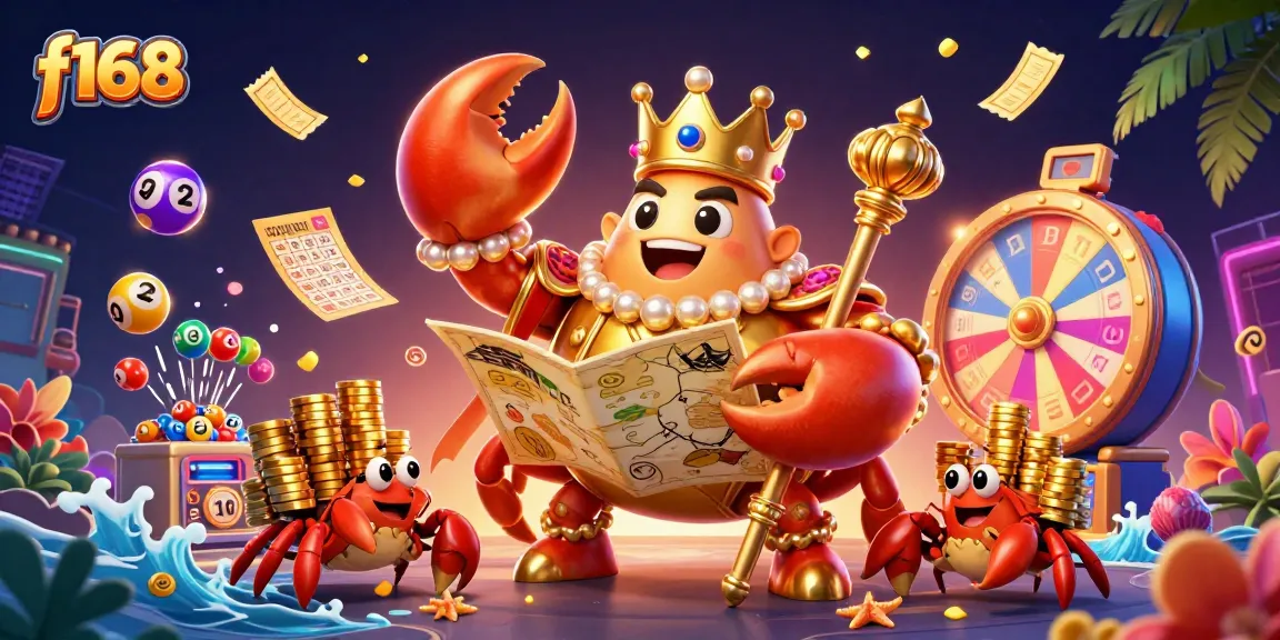 Experience the excitement with f168 as the golden crab emperor leads a vibrant casino scene filled with thrilling lottery elements.