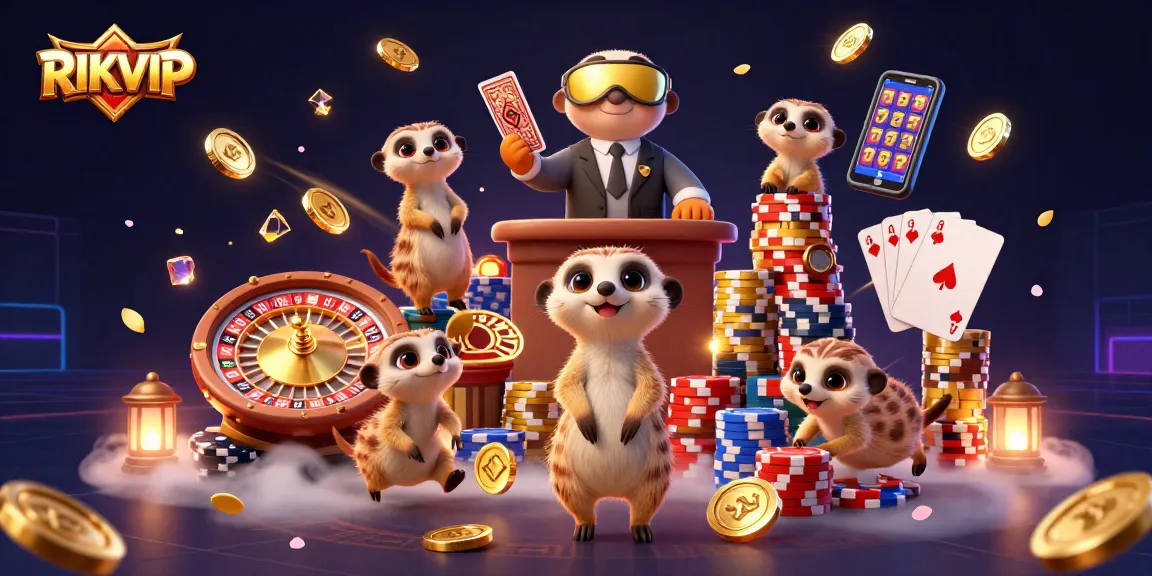 Experience thrilling moments at RIKVIP Casino with a colony of meerkats running the game, surrounded by sparkling gems and coins.