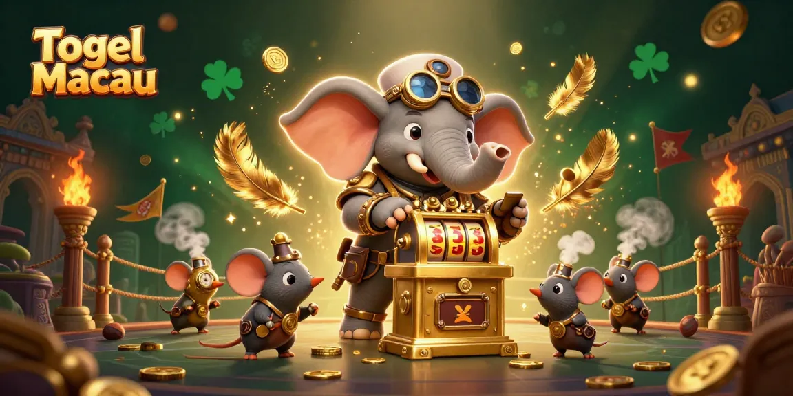 Togel Macau players spin golden slot machines with steampunk magic in a vibrant casino scene.