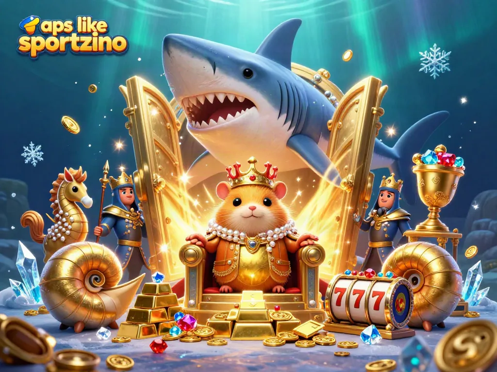 Engage with apps like sportzino, featuring golden hamster king on a throne amidst treasure and dynamic casino elements.