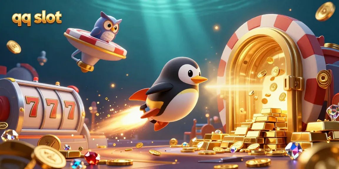 Experience thrilling gameplay in qq slot, where the golden penguin launches towards endless treasures in a vibrant 3D illustration.