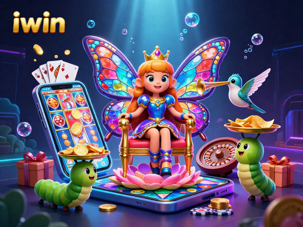 iwin showcases a vibrant scene with a butterfly queen and casino elements sparking excitement.