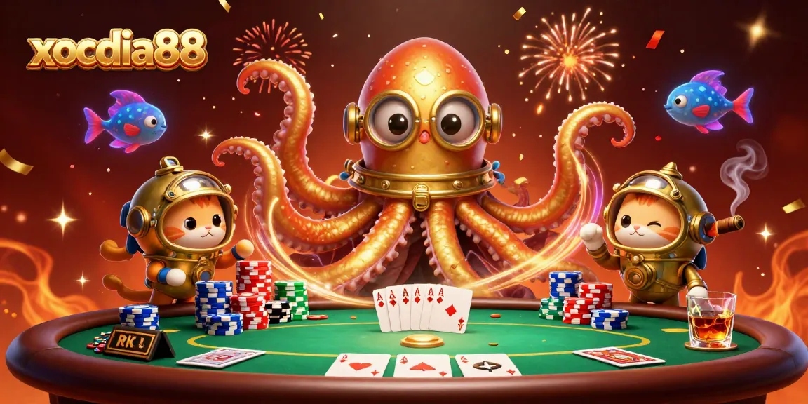 Xocdia88's dynamic gambling scene featuring a colossal kraken, poker table, and underwater elements.