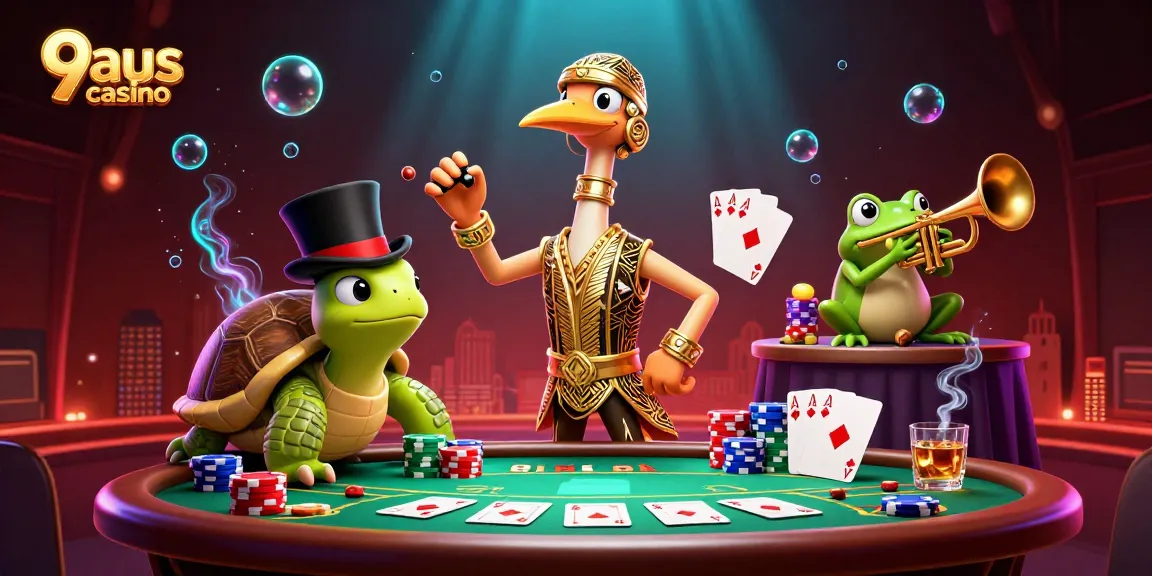 Experience the thrill of gaming at 9aus casino with vibrant characters and lively poker action.