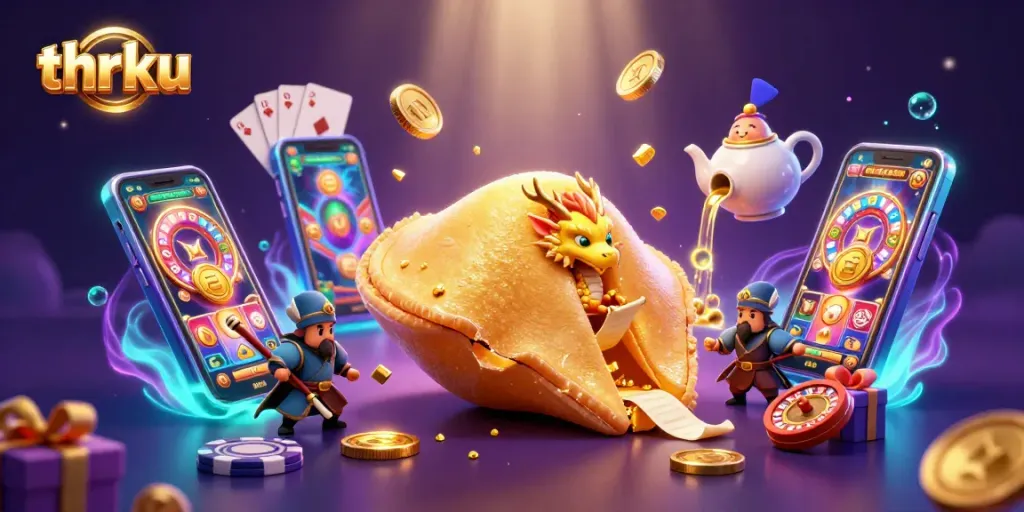Play thrilling games with the fortune cookie dragon at thrku, surrounded by vibrant casino elements.