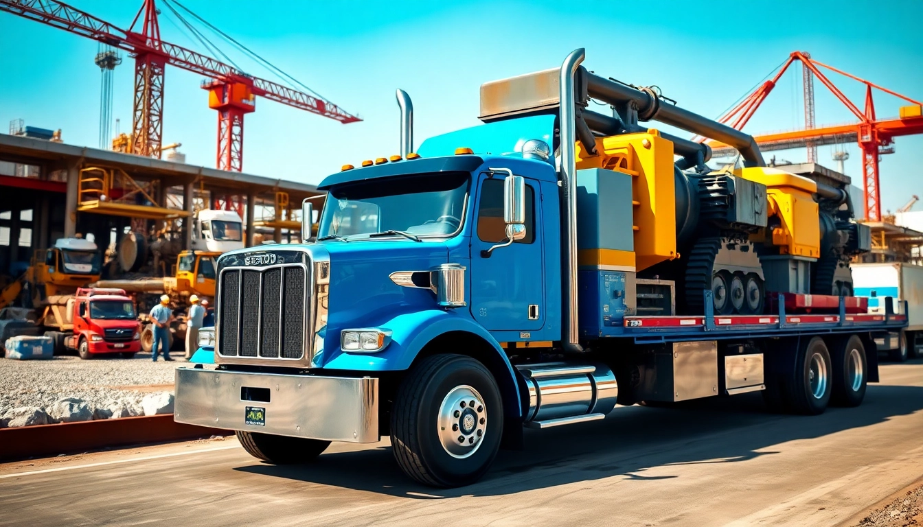 Truck transporting heavy equipment highlighting safe equipment transportation in industrial setting.
