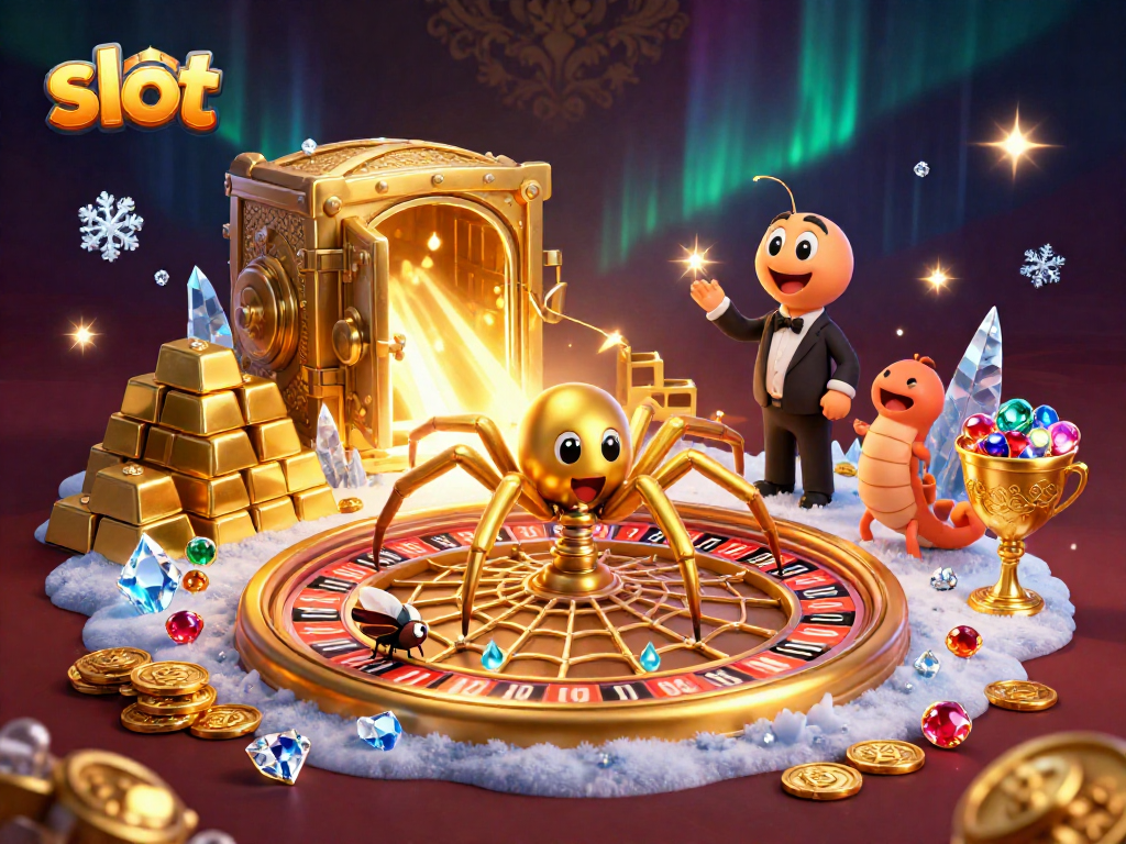 Menang jackpot di slot Gacor123 dengan ilustrasi 3D karakter mainan dan harta karun yang berkilau.