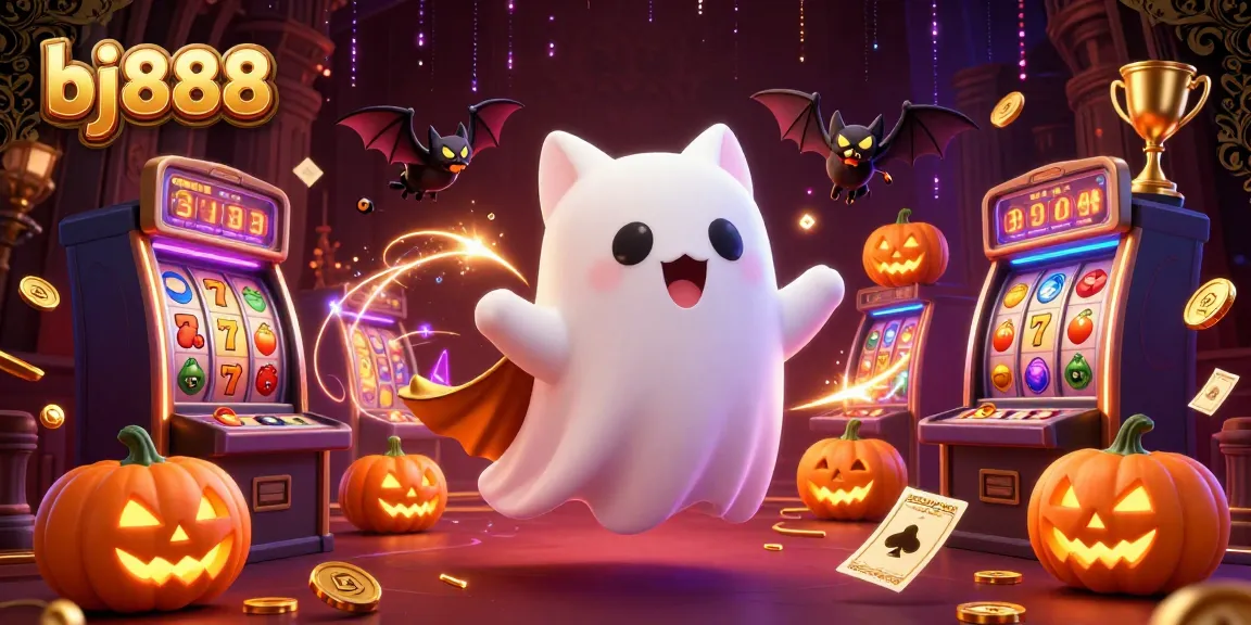 Experience excitement at bj888 with a friendly ghost cat and glowing casino elements in a haunted mansion.
