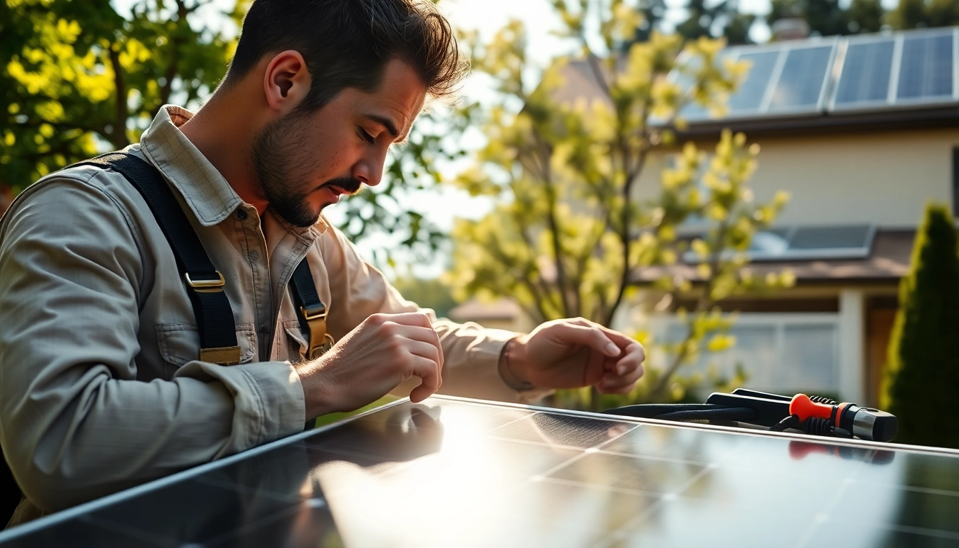 Technician conducting solar panel repair near me, with solar panels in residential area.